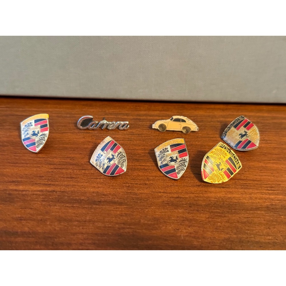 Vintage Porsche Enamel Lapel Pin Lot 7pc Carrera 356 Crest Shield Stuttgart Car
